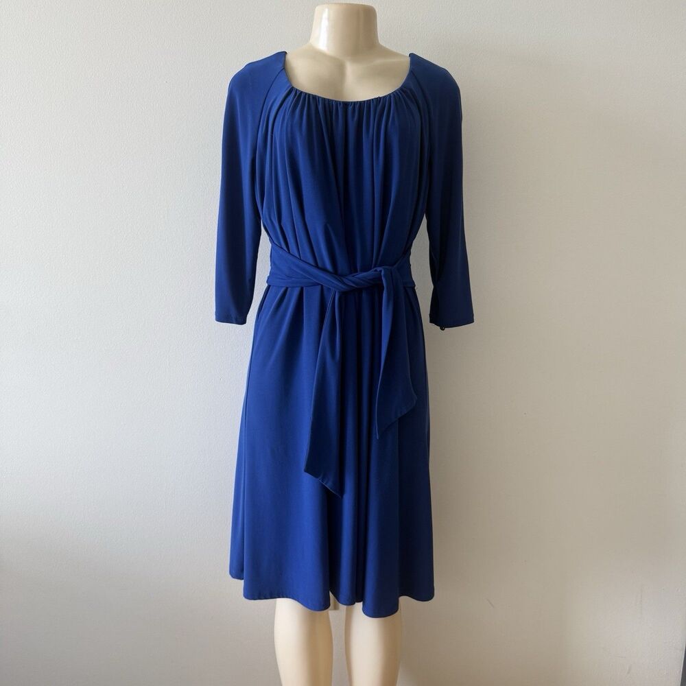 Evan-Picone Royal Blue Jersey Midi Dress Women’s Size 10 Gathered Neck Tie Waist
